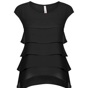 Black Layered Ruffle Cap-Sleeve Top